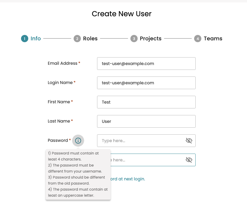 Password rules applied when creating a user in Admin